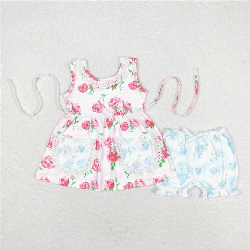 GSSO0882 Powder Blue Floral Lace Pocket Sleeveless Shorts Set