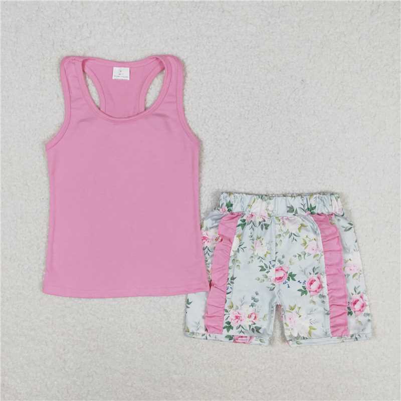 GSSO1059 Flower bow solid color sleeveless pink lace shorts suit