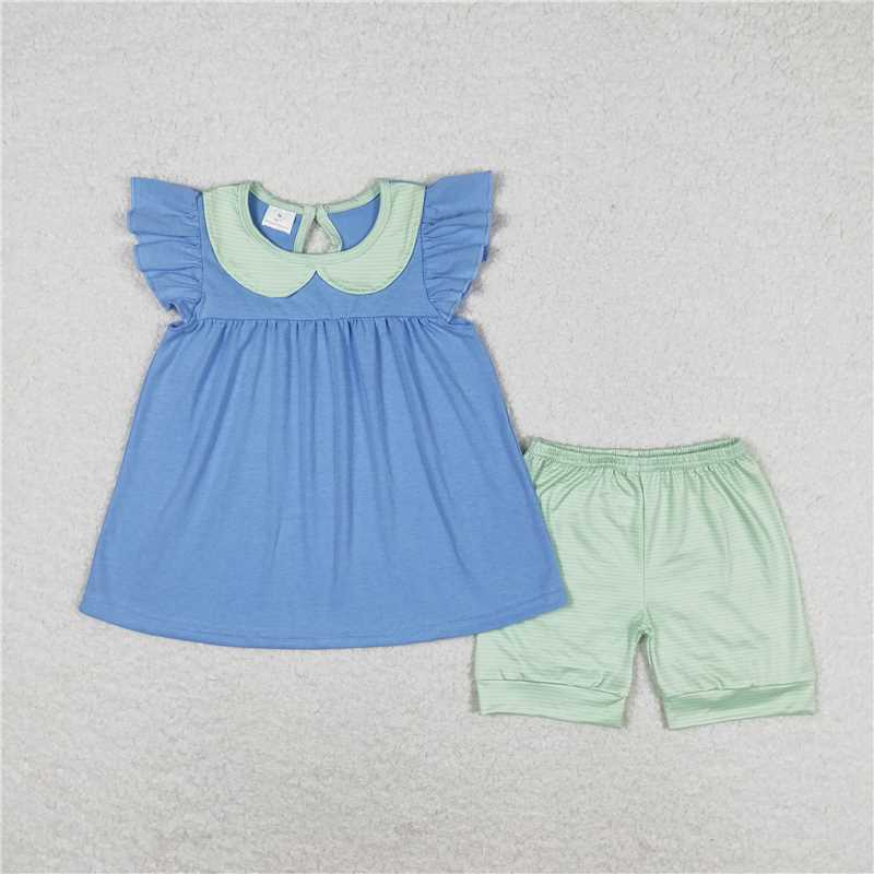 GSSO1067 Green striped doll collar blue flying sleeve shorts suit