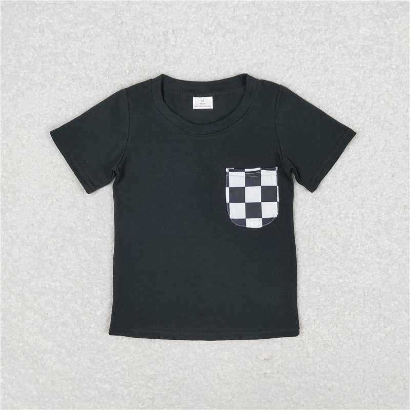 BT0660 Black and white plaid pocket short sleeve top