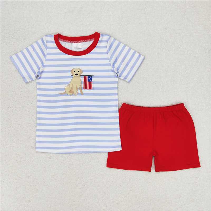 BSSO0619 Embroidered puppy flag striped short-sleeved red shorts suit