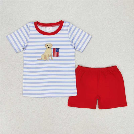 BSSO0619 Embroidered puppy flag striped short-sleeved red shorts suit