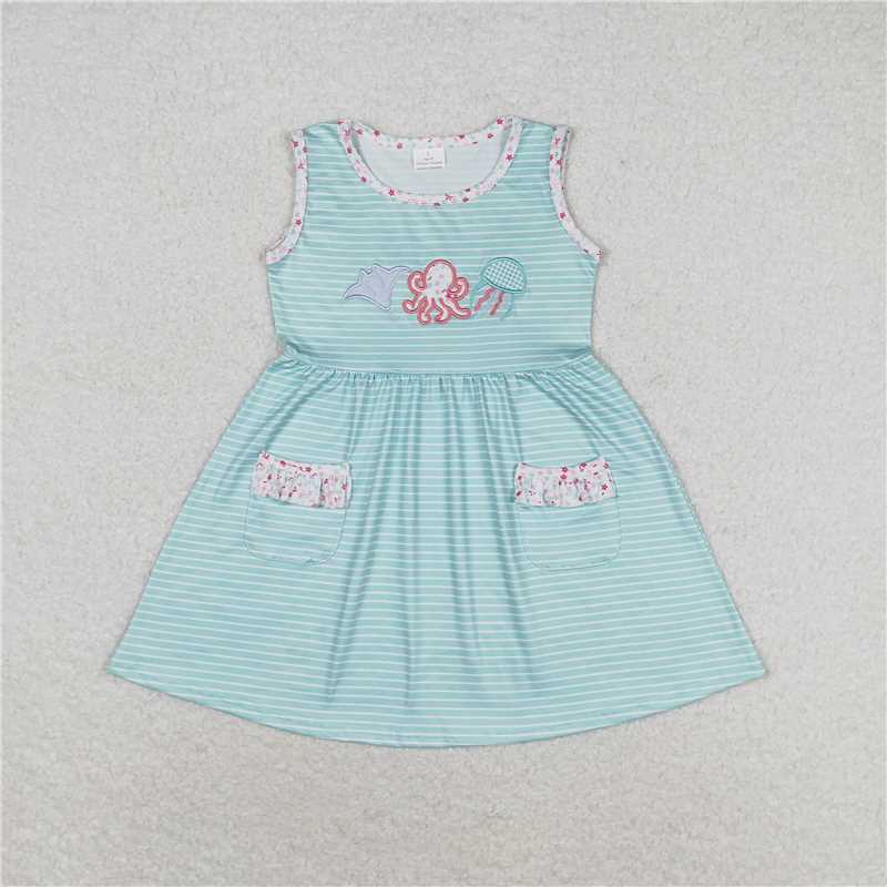 GSD0963 Embroidered octopus and jellyfish striped teal sleeveless dress