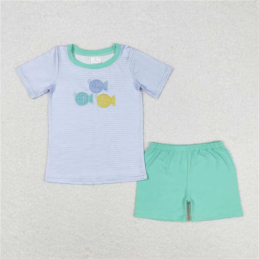 BSSO0587 Embroidered fish striped short-sleeved teal shorts suit