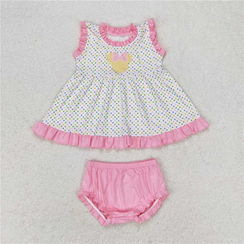 GBO0314 Bow Mickey Color Dot Pink Lace Sleeveless Briefs Set