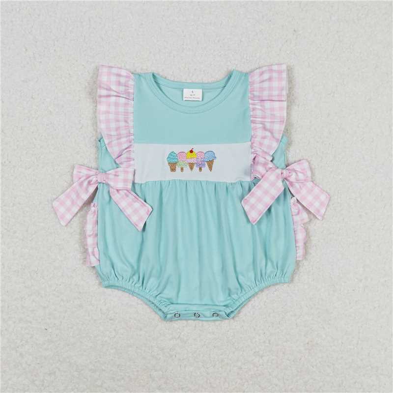 SR1260 Embroidered Ice Cream Plaid Teal Sleeveless Jumpsuit