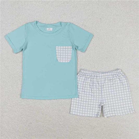 BSSO0799 Plaid pocket blue short sleeve shorts suit