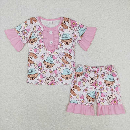 GSSO0950 Star Beach Ball Hat Puppy Pink Short Sleeve Shorts Pajama Set