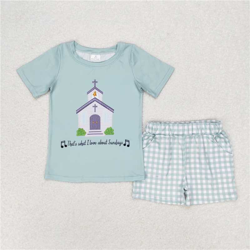 BSSO0858 Church Letters Teal Short Sleeve Plaid Shorts Suit