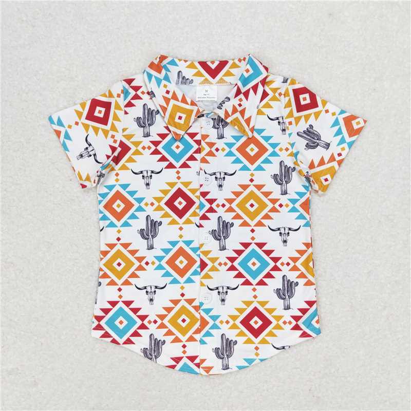 BT0550 Alpine Bull Cactus Geometric Button White Short Sleeve Top