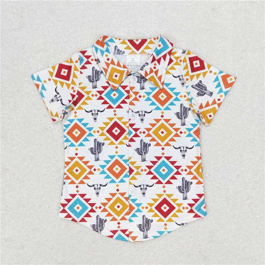 BT0550 Alpine Bull Cactus Geometric Button White Short Sleeve Top