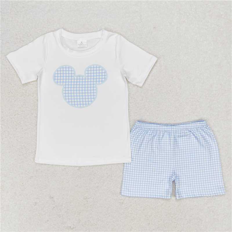 BSSO0860 Mickey white short sleeve blue plaid shorts suit