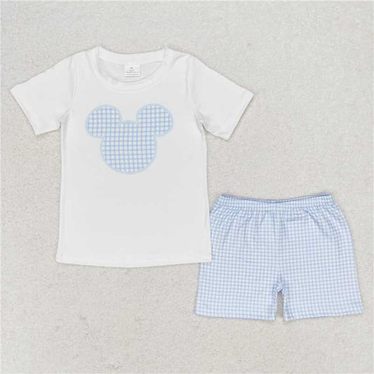 BSSO0860 Mickey white short sleeve blue plaid shorts suit