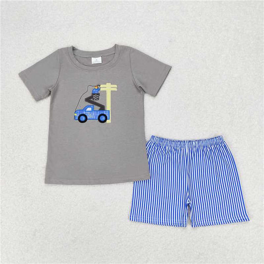 BSSO0631 Embroidery utility pole maintenance worker gray short-sleeved blue striped shorts suit