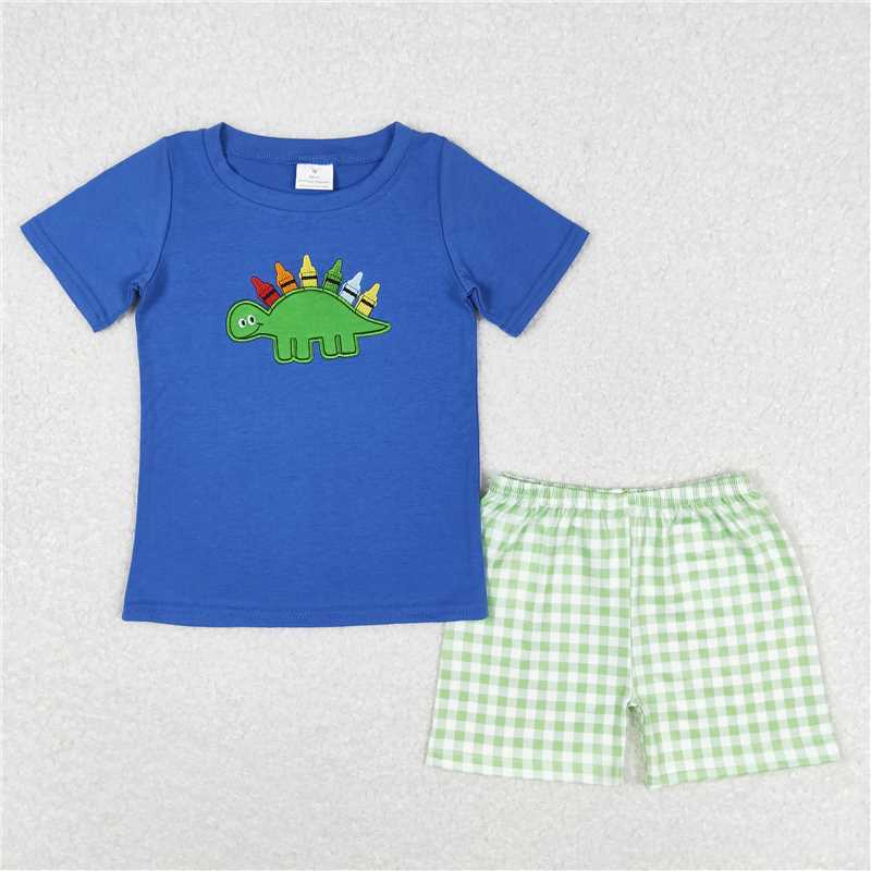 BSSO0805 Embroidery Colorful Crayon Dinosaur Blue Short Sleeve Green Plaid Shorts Set