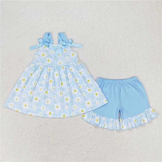 GSSO0993 Small daisy flower blue lace bow sleeveless shorts suit