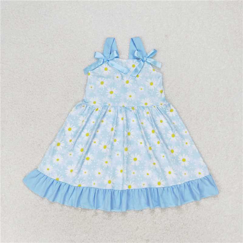 GSD1066 Small daisy flower blue lace bow sleeveless dress