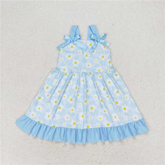 GSD1066 Small daisy flower blue lace bow sleeveless dress