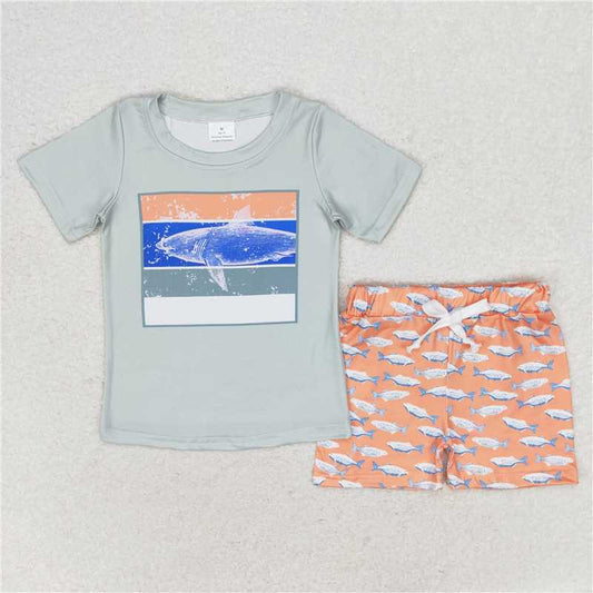 BSSO0899 Shark Green Short Sleeve Orange Shorts Set