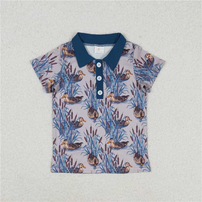 BT0536 Duck Pu stick blue button-down collar short-sleeved top