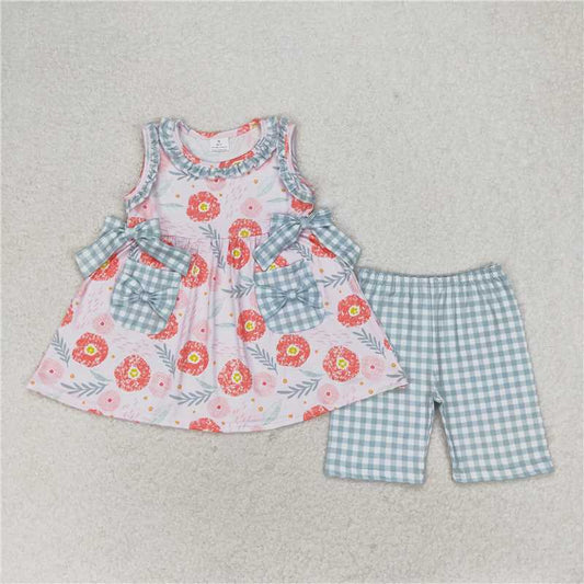 GSSO0999 Floral Plaid Pocket Pink Sleeveless Shorts Set