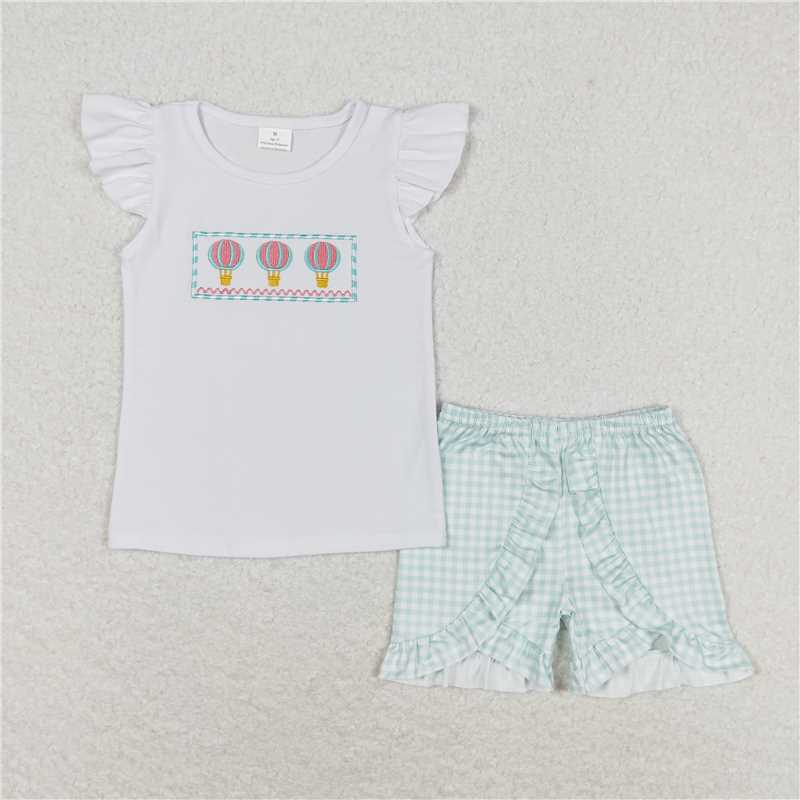 GSSO0981 Embroidered hot air balloon white flying sleeve plaid shorts suit