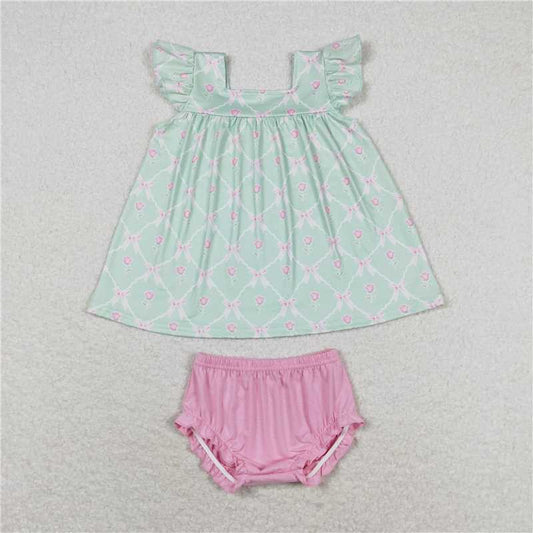 GBO0353 Flower bow green flying sleeves pink briefs suit