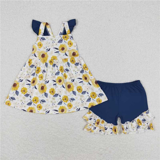 GSSO1006 Floral navy blue lace sleeveless shorts suit