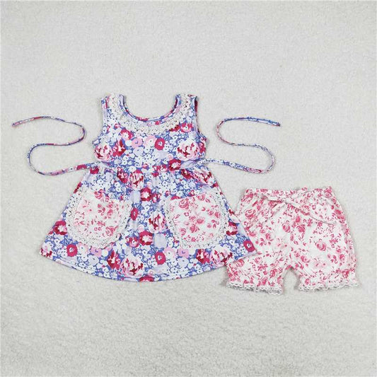 GSSO0856 Floral Blue Purple Pocket Sleeveless Shorts Set