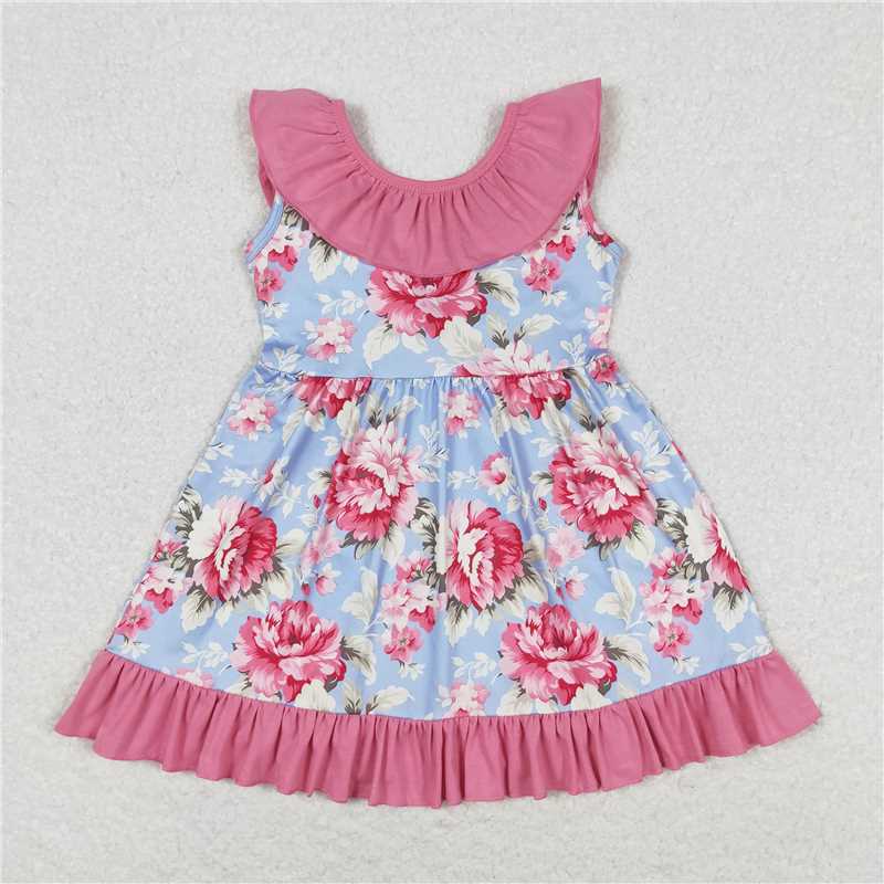 GSD0723 Flower pink lace bow blue sleeveless dress