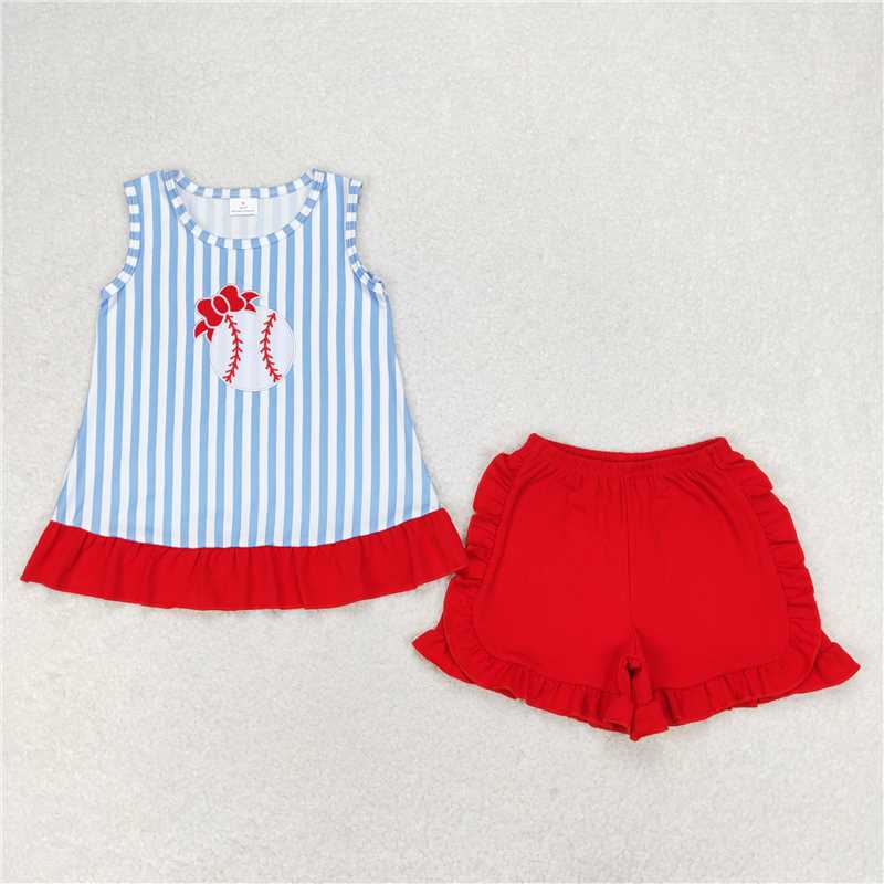 GSSO1019 Embroidered Bow Baseball Blue Striped Sleeveless Red Shorts Set