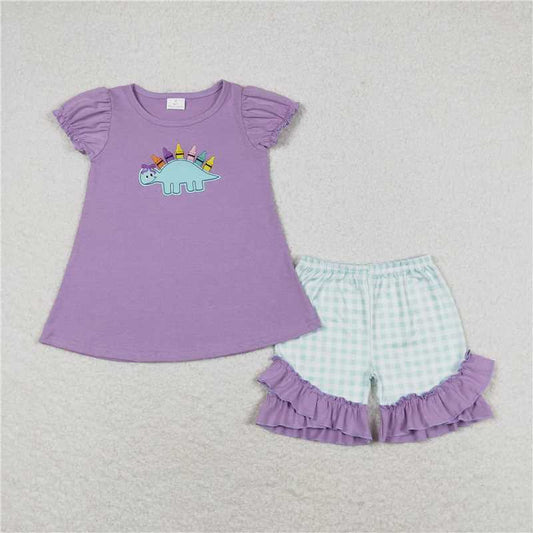 GSSO1032 Embroidery Colorful Crayon Dinosaur Purple Short Sleeve Green Plaid Shorts Set