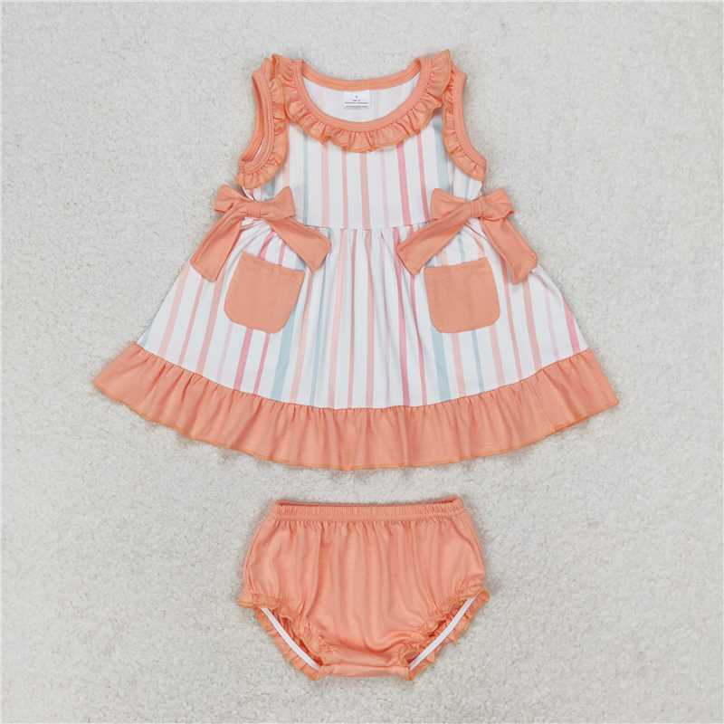 GBO0293 Striped Pink Orange Lace Pocket Bow Sleeveless Briefs Set