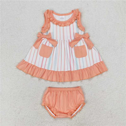 GBO0293 Striped Pink Orange Lace Pocket Bow Sleeveless Briefs Set