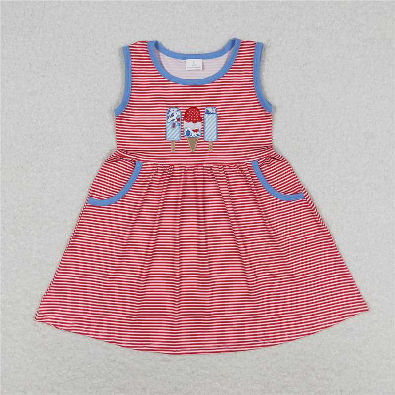 GSD0821 Embroidered ice cream red and white striped sleeveless dress