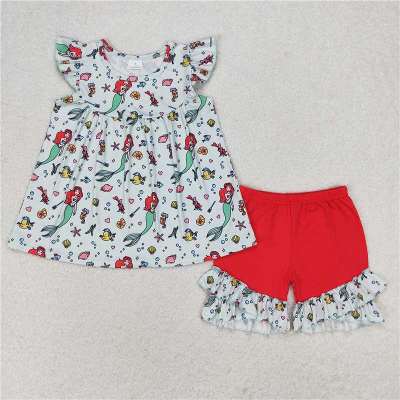 GSSO1043 Mermaid green flying sleeves red shorts suit