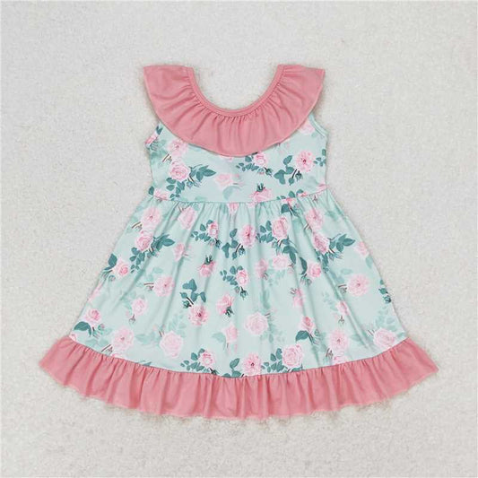 GSD0722 Floral pink lace bow aqua sleeveless dress