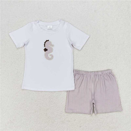 BSSO0837 Embroidered seahorse white short-sleeved striped shorts suit