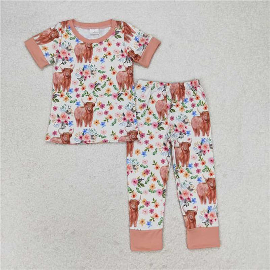 GSPO1439 Alpine cow head flower beige brown short-sleeved trousers pajama set