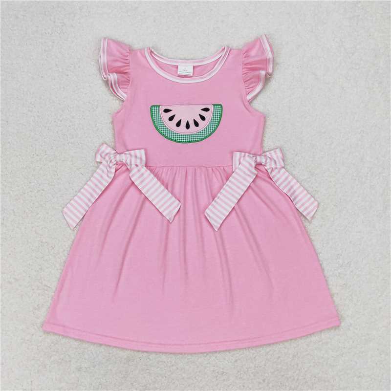 GSD1104 Embroidered watermelon striped bow pink short-sleeved dress