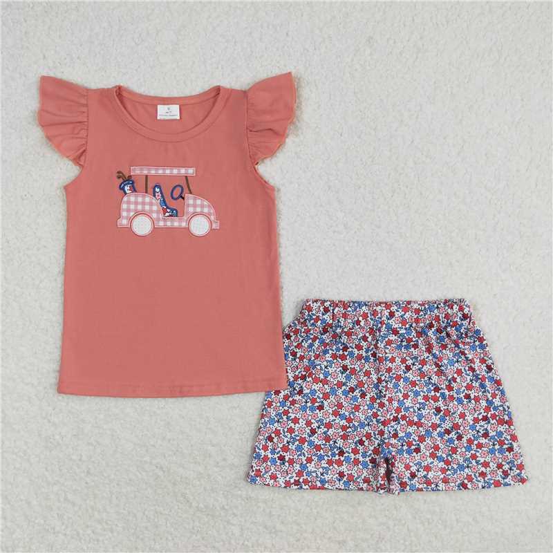 GSSO0669 Embroidery Golf Sightseeing Car Pink Flying Sleeve Flower Floral Shorts Set