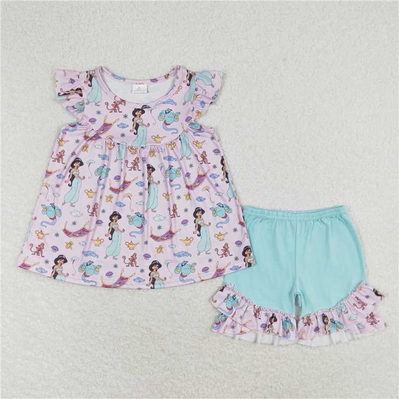 GSSO0912 Disney Princess Pink Purple Fly Sleeve Blue Shorts Set