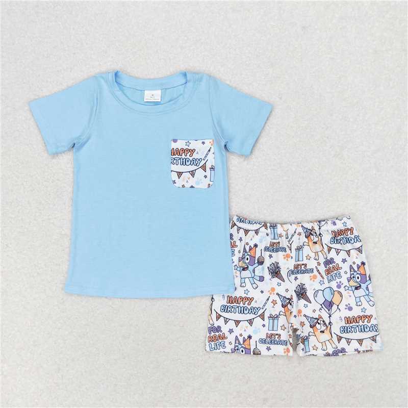 BSSO0907 happy birthday bluey balloon pocket blue short-sleeved shorts suit