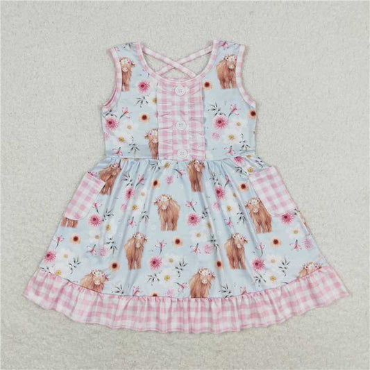 GSD1173 Alpine cow head flower pink and white plaid pocket light blue sleeveless dress