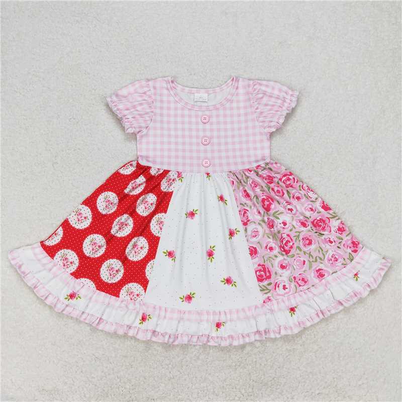 GSD0887 Flower patchwork pink and white plaid lace short-sleeved dress