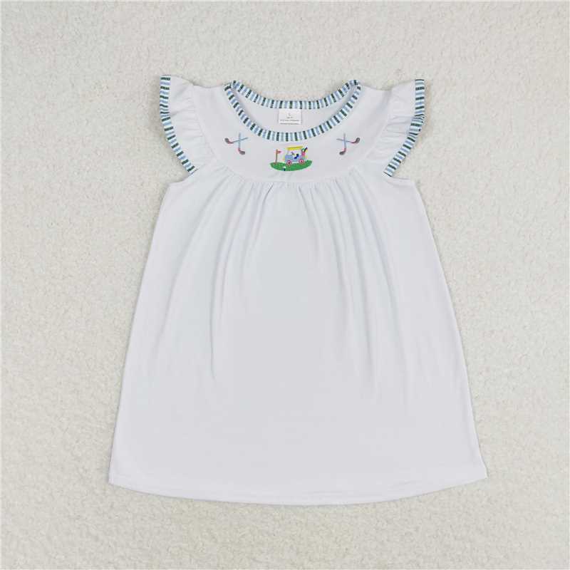 GSD0842 Embroidered golf cart white flying sleeve dress