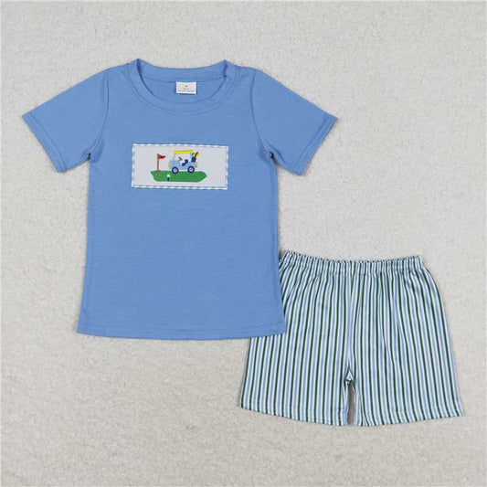 BSSO0616 Embroidered golf cart blue short-sleeved striped shorts suit