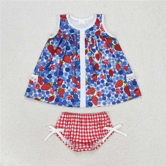 GBO0268 Strawberry and blueberry sleeveless top and red and white plaid briefs set