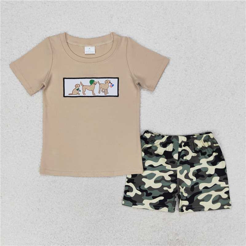 BSSO0720 Embroidered dog flag short-sleeved camouflage shorts set