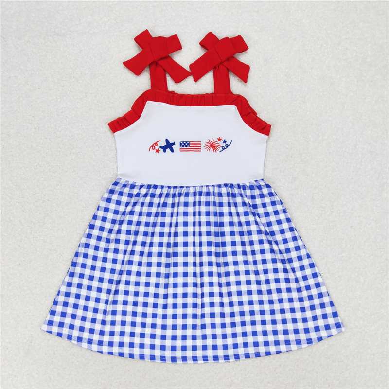 GSD0827 Embroidered airplane flag fireworks red lace blue and white plaid suspender dress